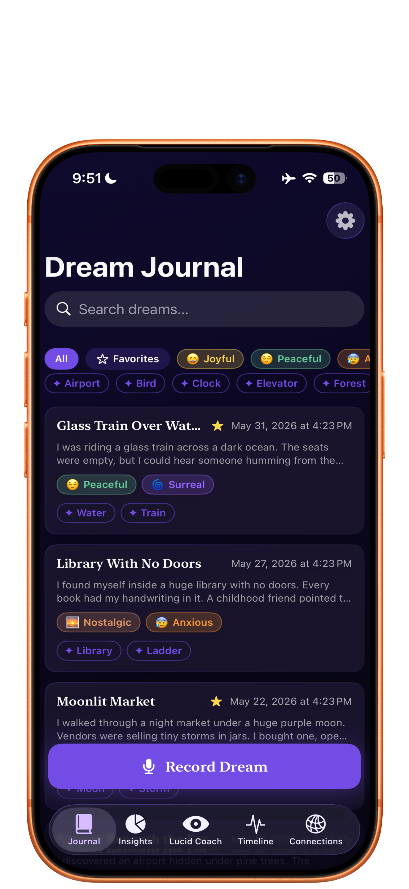 Dream journal list showing recorded dreams and mood chips