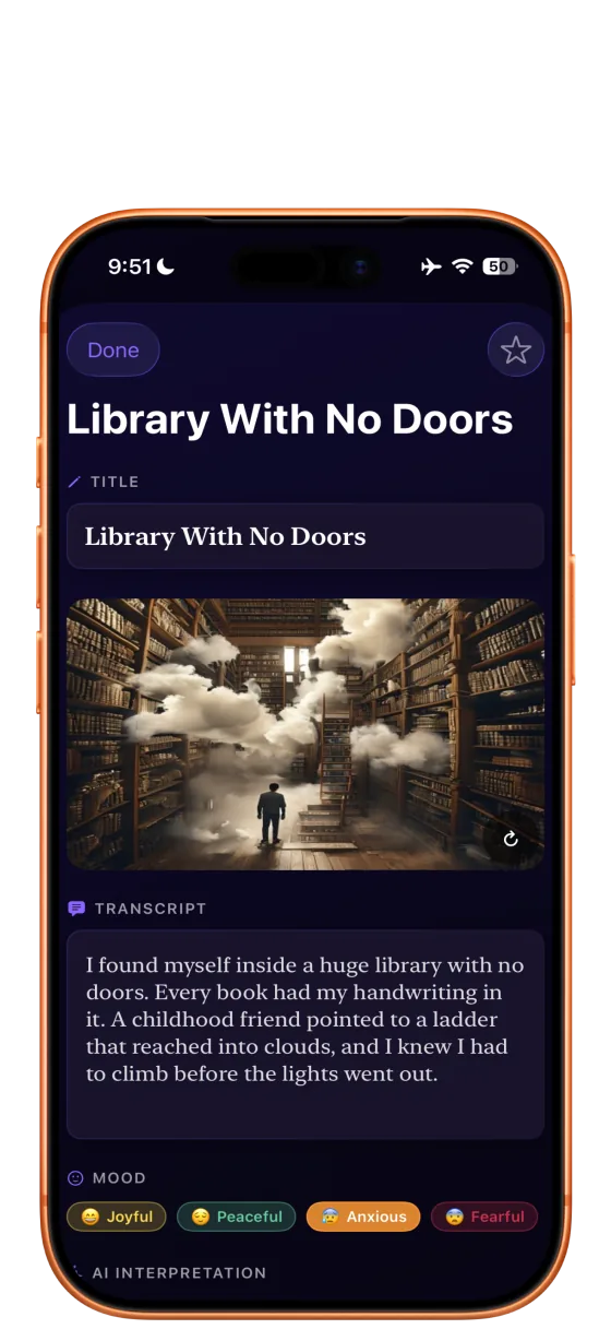 Perincian mimpi dengan transkrip, ilustrasi, mood, dan tafsiran
