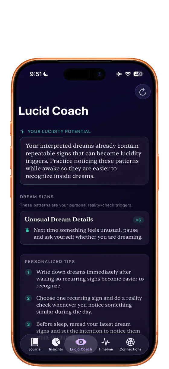 Lucid Coach with recurring dream signs and reality-check suggestions