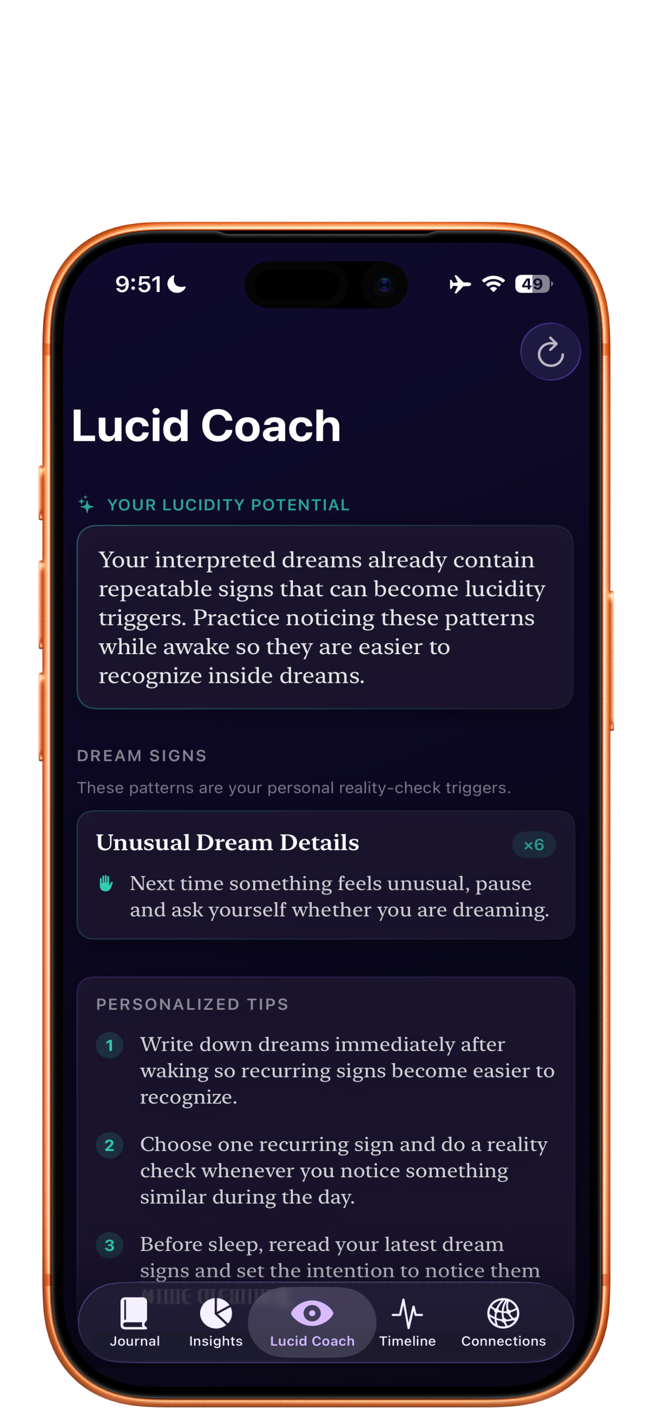 DreamJournalAI lucid coach screen with dream signs and tips