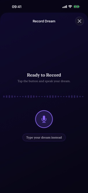 Dream Journal AI Record Dream screen with microphone button and Type your dream instead option